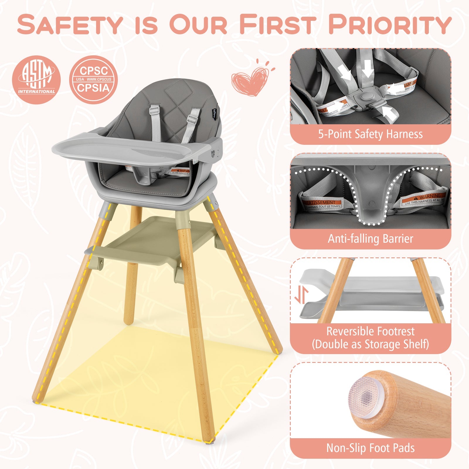 6 in 1 Convertible Highchair with Safety Harness and Removable Tray-Gray